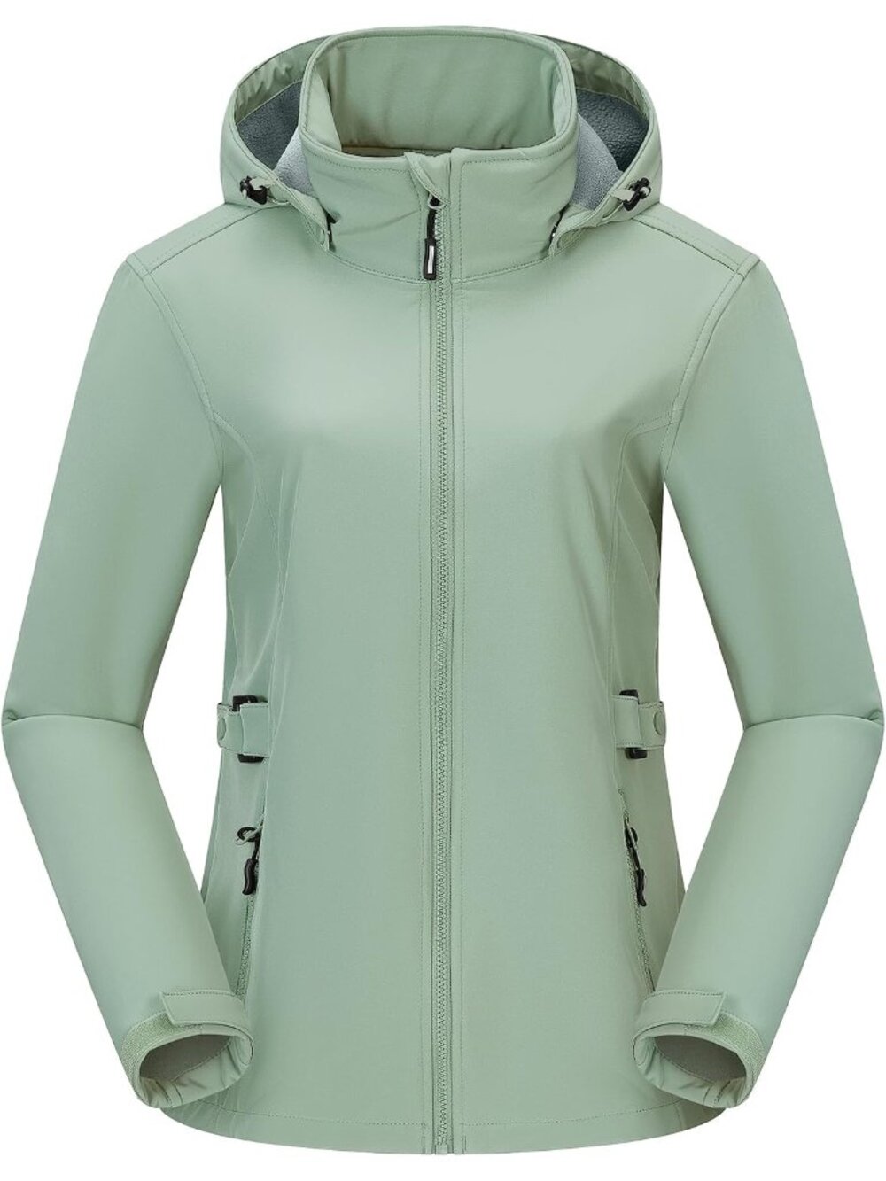 Women Light Green Fleece Lined Removable Hood Full Zip Waterproof Softshell Coat